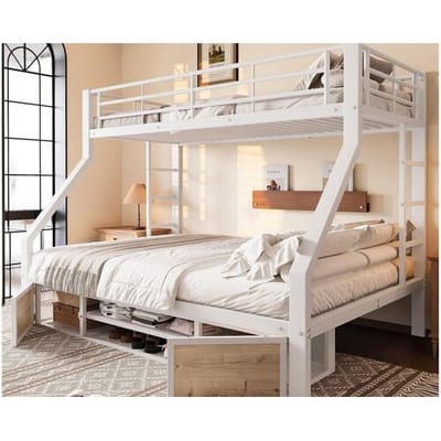 ModernLuxe Stapelbed 90x200 cm + 140x200 cm - met schoenenplank - opbergvakken - veiligheidshekken en ladder - wit