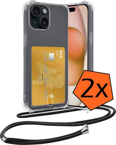 Hoesje Geschikt voor iPhone 15 Hoesje Met Telefoonketting Pasjeshouder Shockproof Case Koord - Hoesje Geschikt voor iPhone 15 Hoes Met Kaarthouder - Transparant - 2 PACK