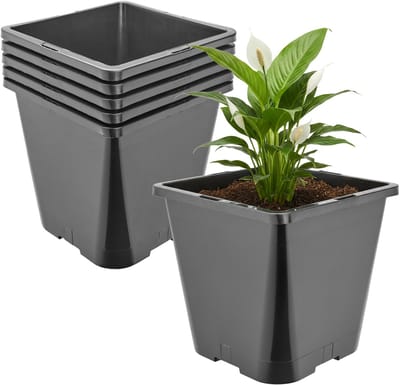 Garronda Set van 5 hoge vierkante kunststof bloempotten met drainagegaten voor tuin (Zwart, 20 x 20 x 23 cm (5,6L)) GD-KW-HS