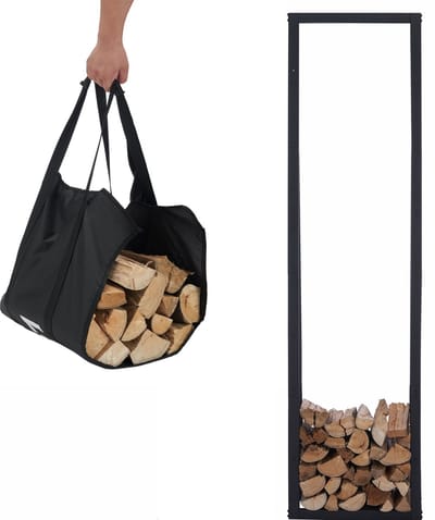 Lendo Online brandhoutrek 50x25x196cm + draagtas - Binnen en buiten - haardhout opslag – haardhoutrek – houtopslag – metaal