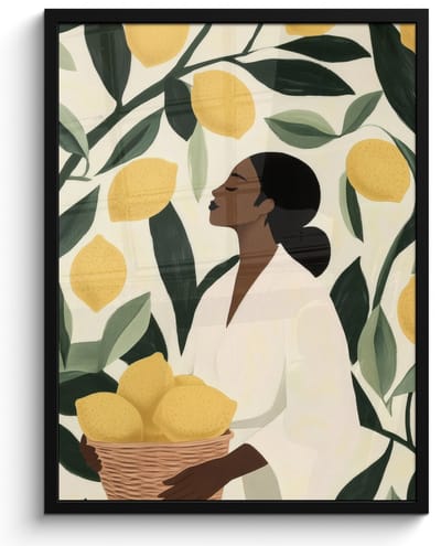 Poster in lijst - Fotolijst 50x70 cm - Posters - Vrouw - Mand - Citroenen - Bladeren - Posterlijst zwart - Decoratie - Wanddecoratie woonkamer - Muurdecoratie slaapkamer