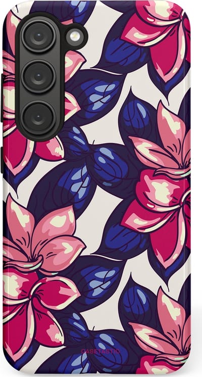 Casetastic hoesje geschikt voor Samsung Galaxy S23 - Dubbellaagse bescherming - Tropen paradijs - Fashion Case - Donkerblauw Roze Koraal Lila