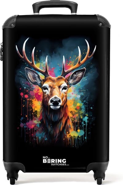 NoBoringSuitcases.com® - Handbagage koffer lichtgewicht - Reiskoffer trolley - Hert met gewei tussen graffiti spray - Rolkoffer met wieltjes - Past binnen 55x40x20 en 55x35x25