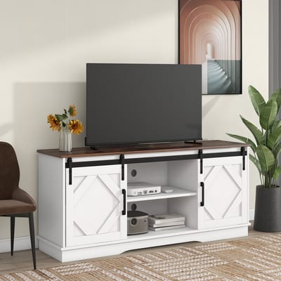REDOM Tv-meubel 150x40x60 cm – Landelijke schuifdeuren tv-kast met verstelbare planken, bruin-wit, spaanplaat – Entertainmentmeubel voor woonkamer, tv-meubel met opbergruimte