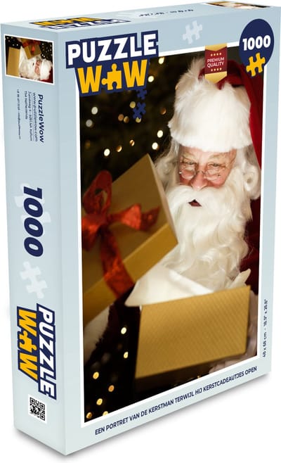 Puzzel Een portret van de kerstman terwijl hij kerstcadeautjes opent - Legpuzzel - Puzzel 1000 stukjes volwassenen - Kerst - Cadeau - Kerstcadeau voor mannen, vrouwen en kinderen