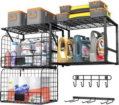 Dailygoods- Garage Rek Heavy Duty - Opbergrek met Draadmanden - Gereedschap Organizer - Wandrek met Haken - Veelzijdig en Robuust - Eenvoudige Installatie