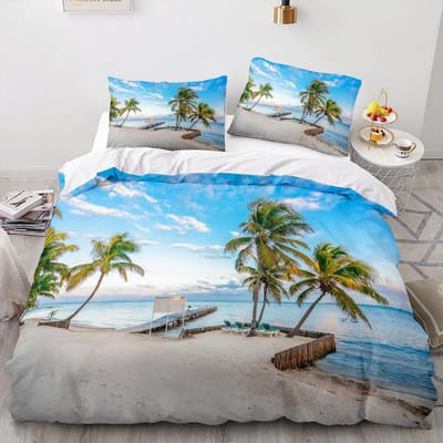 Zeezicht Kokos Dekbedovertrek Groot Katoen Dubbel Maat Dekbed Beddengoed Set Eenpersoons Volledige Set voor Tieners Volwassenen Microvezel Eenpersoons 140x200cm 3pcs