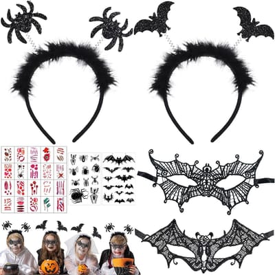 Halloween kostuum accessoires met spinnenhaarband, vleermuis en spin oogmasker, mondstickers en tattoostickers voor een spookachtige carnaval of cosplay party