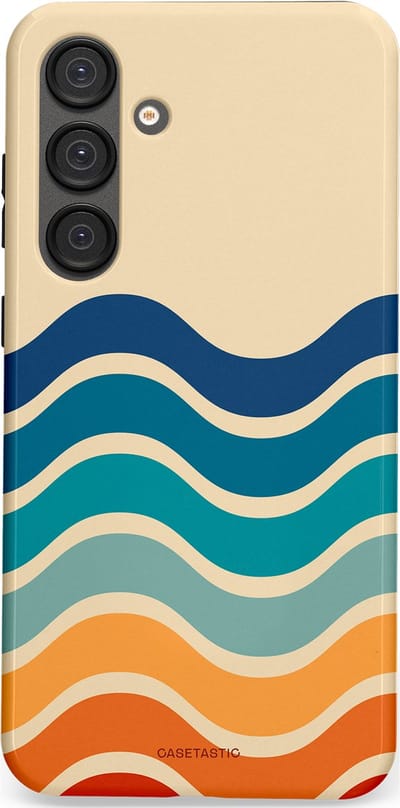 Casetastic hoesje geschikt voor Samsung Galaxy S25 Plus - Dubbellaagse bescherming - Nostalgische golven - Fashion Case - Zand Petrol Rood Oranje
