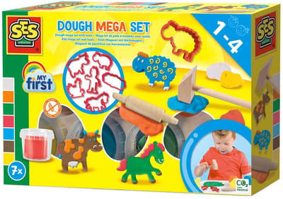 SES Creative - My First - Klei Mega Set - Tools en Klei Vormpjes - Glutenvrije klei in heldere kleuren - droogt niet uit - boerderij thema - met houten deegroller en hamer