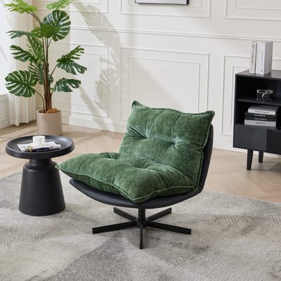 Relaxfauteuil - 360 Graden Draaibaar Met 3 Standen Verstelbare Rugleuning - Voor Woonkamer En Leeshoek - Chenille En Metaal - Donkergroen Zwart