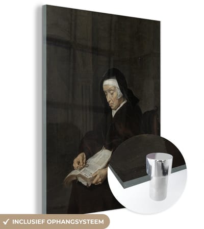 ® Glasschilderij 120x160 cm - Schilderij acrylglas - Oude vrouw in overpeinzing - Schilderij van Gabriël Metsu - Foto op glas - Muurdecoratie woonkamer - Wanddecoratie slaapkamer - Schilderijen