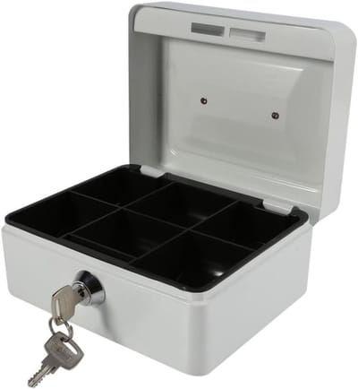 Dubbele laag metalen kas met sleutelvergrendeling, mini geldkluis voor veilig opbergen van waardevolle spullen, 15 x 12 x 7,5 cm [Wit]