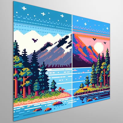 Pixel art landschap schilderij | Kleurrijke pixels vormen betoverend landschap in unieke kunstcreatie | Kunst - 30x30 centimeter op Dibond | Foto op Dibond