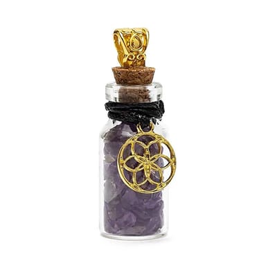 Geschenkflesje aan koord met amethist en Seed of Life – ±3,6 cm