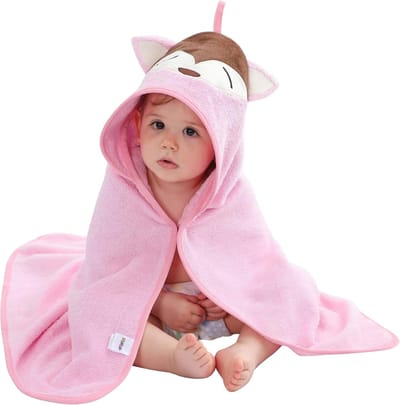BoefieBoef Vos Baby Badcape - Eco Bamboe Katoen Kinder Handdoek - Badponcho - Peuter Badjas - Kleuter Strandlaken - 0 tot 5 jaar - Dieren 75x75 - Roze - Jongens en Meisjes - Badstof - Perfect Kerst- en Kraamcadeau - omslagdoek