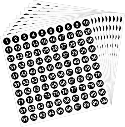 Ronde genummerde stickers (1–100), 10 vellen met opeenvolgende labels, stickers van 1 cm; geschikt voor kantoren, woningen, keukens, klaslokalen en andere omgevingen.