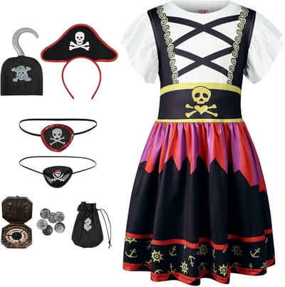Piratenkostuum voor Kinderen met Accessoires zoals Piraten Ooglapje en Hoofdband - Luxe Piraten Prinsessen Jurk voor Halloween en Verjaardagsfeestjes
