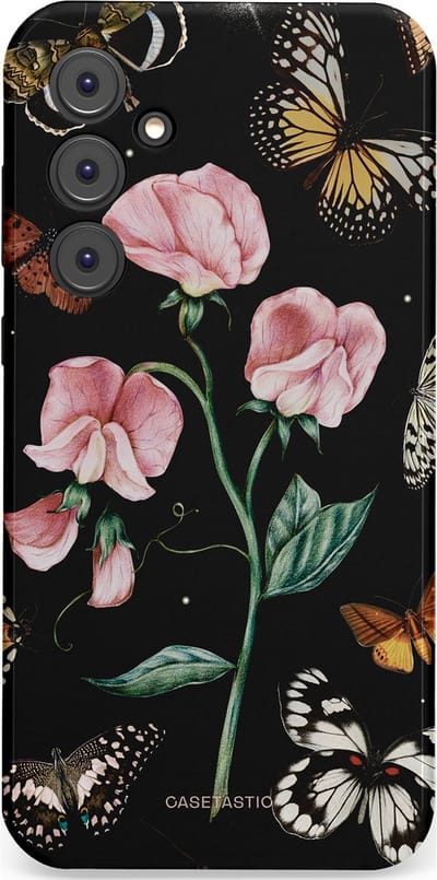 Casetastic hoesje geschikt voor Samsung Galaxy A35 - Dubbellaagse bescherming - Vleugels en bloemen - Fashion Case - Zwart Grijs Taupe