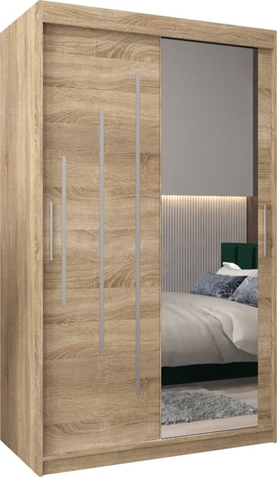InspireMe - Kledingkast met 2 schuifdeuren, Modern-stijl, Een kledingkast met planken en een spiegel (BxHxD): 120x200x62 - MALTESE II 120 Sonoma Eik