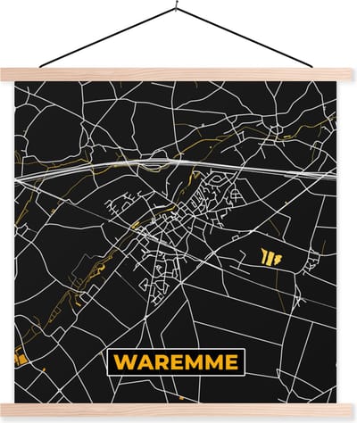 Posterhanger incl. Poster 40x40 cm - Schoolplaat - Plattegrond - Waremme - Goud - Kaart - Stadskaart - Textielposter - Blanke latten - Stadskaart