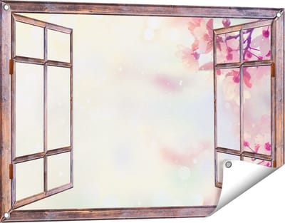 Gards Tuinposter Doorkijk Roze Bloesemboom met Zonneschijn - 90x60 cm - Tuindoek - Tuindecoratie - Wanddecoratie buiten - Tuinschilderij