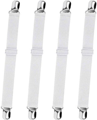QTTVBTNA -4-delige Verstelbare Elastische Hoeslaken Spanners met Metalen Clips – Voor Matras, Beddengoed, Strijkplank en Sofa, Wit