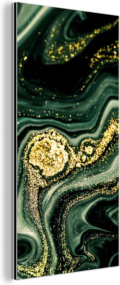 Wanddecoratie Metaal - Aluminium Schilderij Industrieel - Marmer - Goud - Glitter - Groen - Marmerlook - Luxe - 40x80 cm - Dibond - Foto op aluminium - Industriële muurdecoratie - Voor de woonkamer/slaapkamer