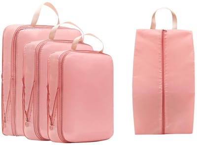 Compression Packing Cubes 4 Delige Set – Reis Organizers voor Koffer – Inclusief Schoenentas – Lichtgewicht Kleding Opbergzakken voor Vakantie en Zakenreis – Roze