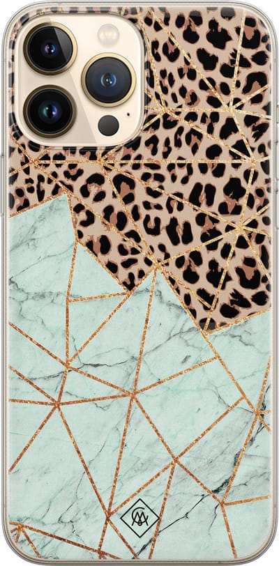 Casimoda® hoesje - Geschikt voor iPhone 13 Pro Max - Luipaard Marmer Mint - Siliconen/TPU telefoonhoesje - Backcover - Luipaardprint - Bruin