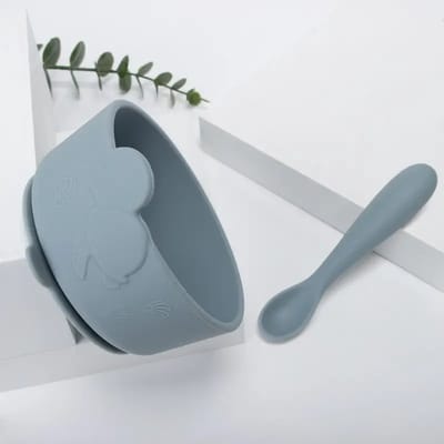 Vavida Siliconen Bakje - Baby - Blauwgrijs - Met Lepel - Zuignap - BPA-vrij - Leuk Als Kraamcadeau