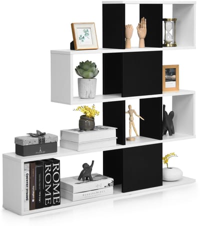 COSTWAY Ladder Boekenkast met 5 Planken en Deuren, Decoratieve Houten Planken voor Woonkamer en Kantoor (Zwart & Wit)