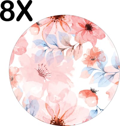 Luxe Ronde Placemat - Roze Bloemen in Bloei - Getekend - Set van 8 Placemats - 50x50 cm - 2 mm dik Vinyl - Anti Slip - Afneembaar