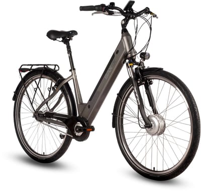 saxxx Comfort Plus 4.0 - 26 inch elektrische stadsfiets - actieradius tot 90 km - 95% voorgemonteerd - voorwielmotor - 36V 418Wh accu - Shimano 7-speed naafversnelling - LCD-display- Zilvergrijs mat
