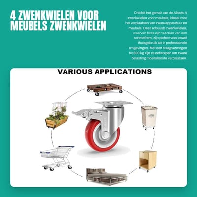 Dailygoods- Zwenkwielen Set van 4 - 125 mm - Zwenkwielen met Rem - Zwenkwielen voor Meubels - Rubber Wielen - Geschikt voor Alle Vloertypes - Meubelwielen