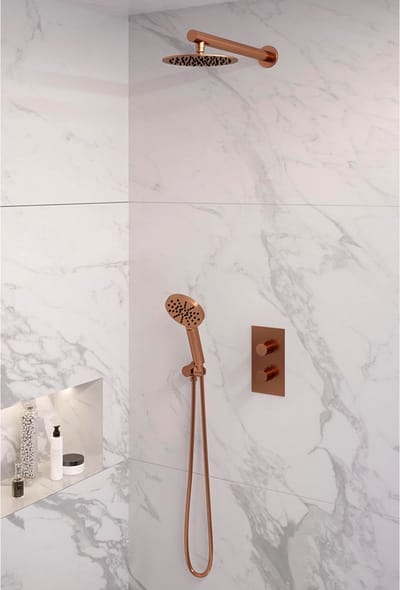 Brauer Copper Edition thermostatische inbouw regendouche 3-weg omstelling SET 31 met 20 cm douchekop en rechte muurarm en 3-standen handdouche en doucheslang en wandaansluitbocht koper geborsteld PVD