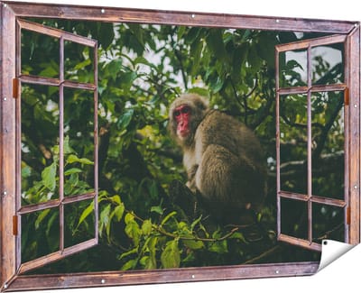 Gards Tuinposter Doorkijk Aap in de Boom tussen de Bladeren - 180x120 cm - Tuindoek - Tuindecoratie - Wanddecoratie buiten - Tuinschilderij
