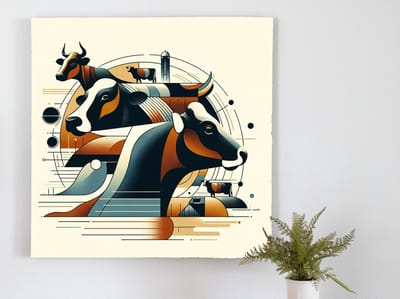 Modern koeien schilderij | Koeiensymfonie: een eigentijdse oogst van kleurrijke boerderijwonderen | Kunst - 100x100 centimeter op Canvas | Foto op Canvas