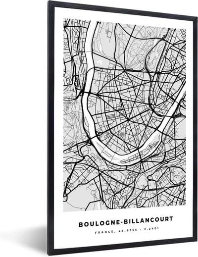 Fotolijst incl. Poster - Plattegrond - Boulogne-Billancourt - Stadskaart - Kaart - Frankrijk - 40x60 cm - Posterlijst