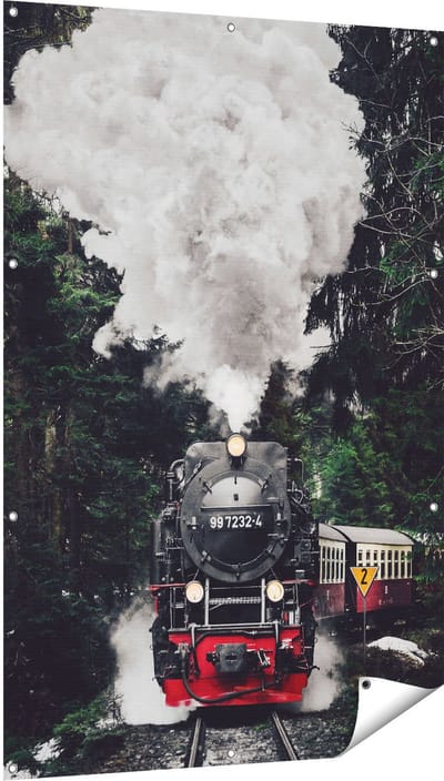 Gards Tuinposter Locomotief in de Bossen met Stoom Wolken - 100x150 cm - Tuindoek - Tuindecoratie - Wanddecoratie buiten - Tuinschilderij