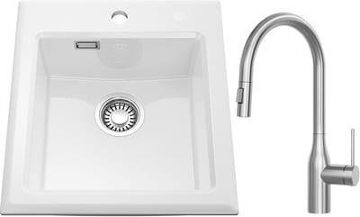 CECIPA Max Spoelbak Keuken - Keramische Spoelbakken Wit 45x50CM - Gootsteen Met Keukenkraan met Uittrekbare Uitloop - Keukenspoelbak - Opbouw Wasbak Keuken