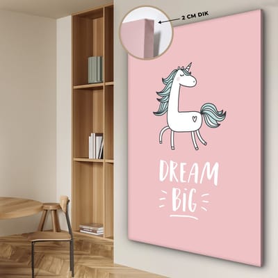 Kinderkamer decoratie - Schilderij voor kinderen - Dream big - Eenhoorn - Roze - Quotes - Tekst - Muurdecoratie kinderkamer - Canvas kind - 120x180 cm