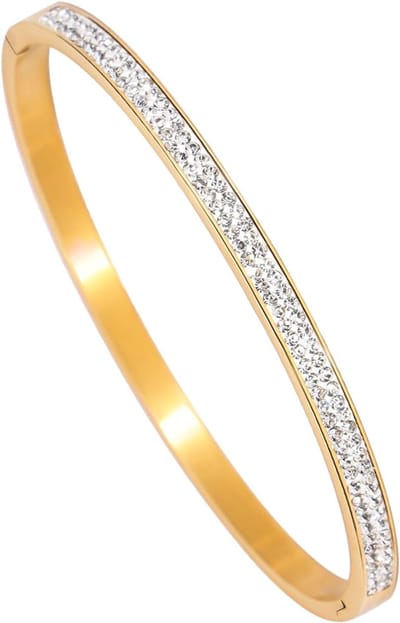RVS Armband met Cubic Zirconia - Goudkleurig - Stainless Steel Armband - Diameter 6 cm - Luxe Design met Fonkelende Stenen - Vast Formaat en Huidvriendelijk - Sterk Slot - Geschikt voor Dagelijks Dragen, Feest, Werk en als Stijlvol Cadeau Idee