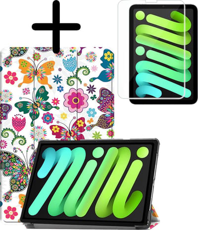 Hoesje Geschikt voor Apple iPad Mini 7 (2024) - 8.3 inch - 7e Generatie - Met Screenprotector - Trifold Bookcase - Hard Cover - Hardcover Book Case - Tablet Hoes - Vlinders
