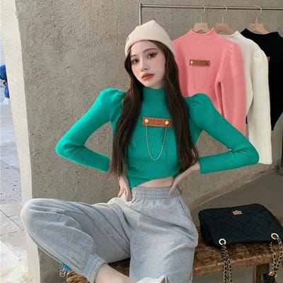 Pull à col roulé Femme Blanc Manches Longues Slim Tops Courts Automne Hiver Mode Décontracté Col Haut Pull Tricoté Rose Vêtements Haut Basique L black