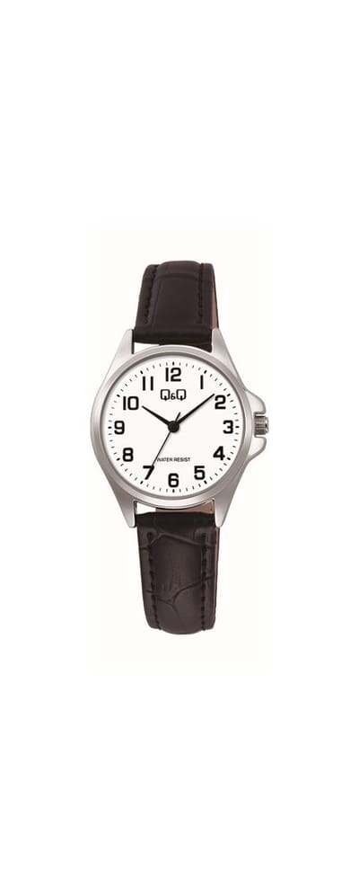 Q&Q C37A-013PY - Horloge - Analoog - Dames - Vrouwen - Leren band - Rond - Metaal - Cijfers - Zwart - Zilverkleurig - Wit