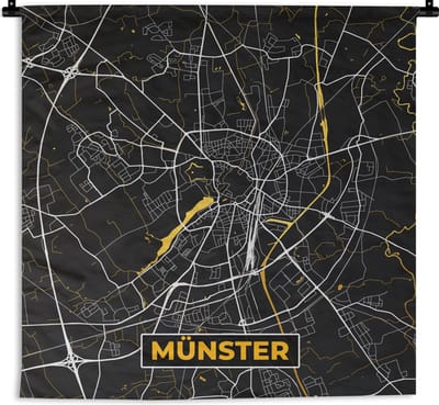 Wandkleed - Wanddoek - Duitsland - Münster - Stadskaart - Plattegrond - Kaart - Goud - 180x180 cm - Wandtapijt