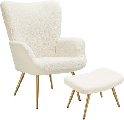 tectake® Oorfauteuil in Scandinavische stijl - Met hocker - Teddystoel Hygge - Stoel voor woonkamer, slaapkamer - Loungefauteuil - Goud metalen poten - Draagvermogen tot 150 kg - Crème