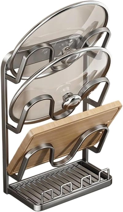 Dekselhouder Potten - Opbergrek Keuken - Keuken Organiseren - Roestbestendige Constructie - 14x19x14 cm - Grijs