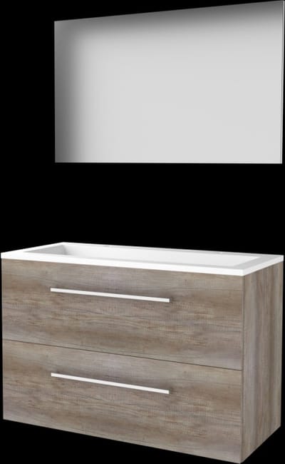 Basic-Line Basic 46 Badkamermeubelset - 100 x 46 cm - Met Grepen - 2 Lades - Acryl Wastafel - 2 Kraangaten - Spiegel - Scotch Oak